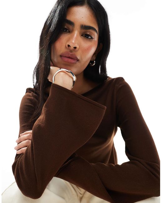 ASOS Brown Open Neck Knitted Top With Tie Back Cinched Waist