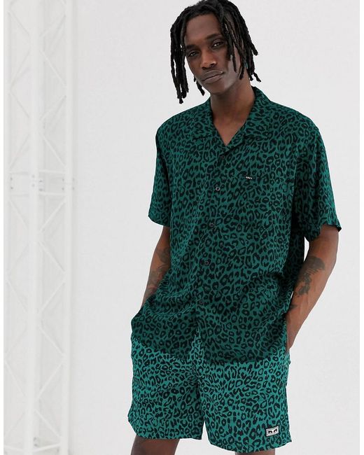 Leo - Camicia verde leopardata con rever di Obey in Green da Uomo