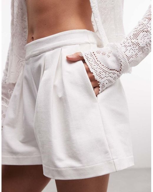 ASOS White Cotton Twill Pleated Shorts