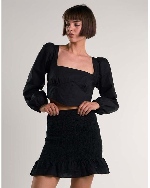 NARRATED Black Long-Puff-Sleeve-Tie-Detail Crop-Top