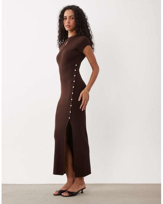 Miss Selfridge Brown Knitted Mandari Collar Midi Dress With Tie Side Detail