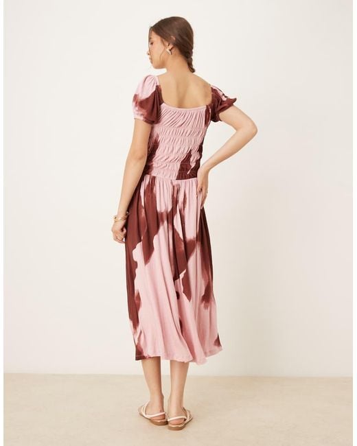 ASOS Pink Crinkle Shirred Waist Milkmaid Puff Sleeve Midi Tea Dress