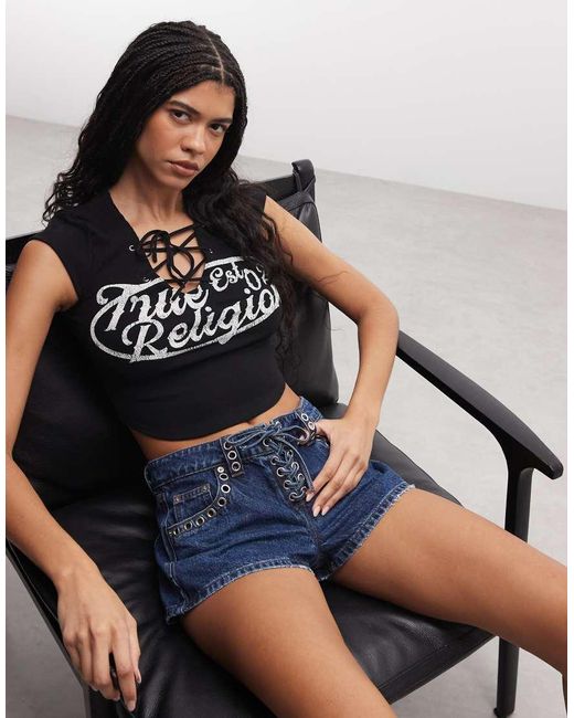 True Religion Blue Lace Up Cap Sleeve Top