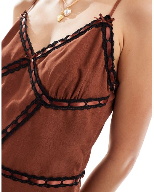 Bailey Rose Red 90s Satin Cami Mini Dress With Contrast Lace-brown