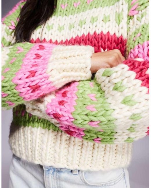 Kiwi & Co Multicolor Gingerbread Contains Wool Hand Knitted Heart Fairisle Knit Jumper