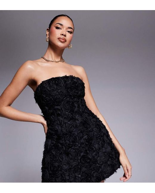 Murci Black Exclusive Structured Bandeau 3d Floral Mini Dress