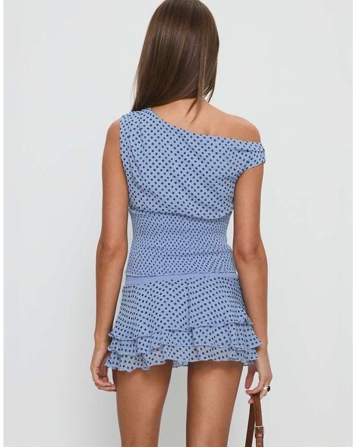 Princess Polly Blue 'ready To Party' Asymmetric Shoulder Shirred Waist Top