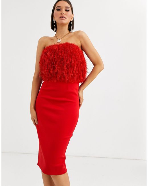 ASOS Red Faux Feather Top Bandeau Midi Dress