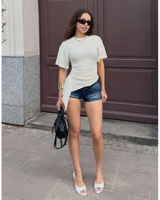 Bershka White Short Sleeve Ruched T-shirt