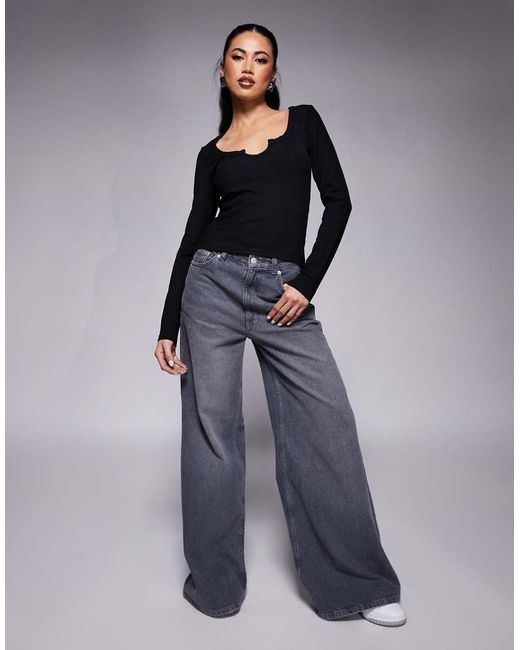 ASOS Geribbelde Top Met Lange Mouwen En Lage Hals in het Blue