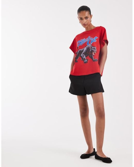 ASOS Red Boxy Raglan T-Shirt With Cat Graphic