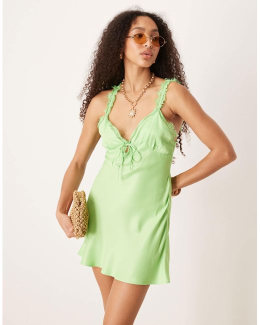 ASOS Green Frill Detail Cami Satin Slip Mini Dress