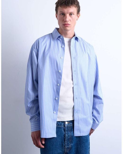 Topman Blue Oversized Fit Stripe Shirt for men