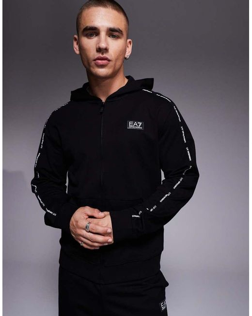 EA7 Blue Armani Zip Hoodie With Logo Tape Detail for men