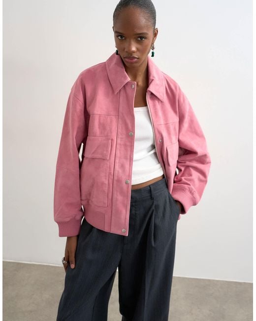 TOPSHOP Pink Premium Suede Bomber Jacket