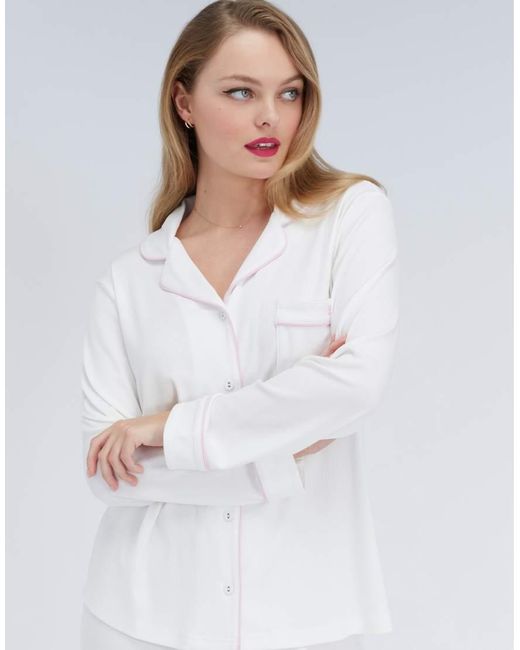Boux Avenue White Ribbed Modal Pyjama Revere Top Soft Relaxed Comfy Sleepwear