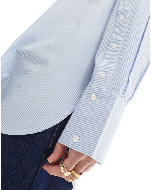 Stradivarius Blue Cotton Shirt With Button Sleeve Detail