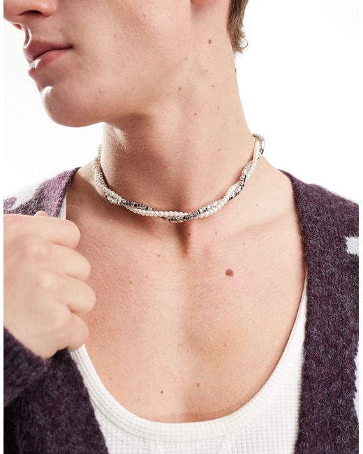 ASOS Natural Faux Pearl Twisted Necklace for men