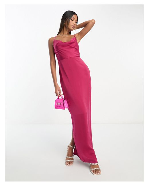 Naanaa Cowl Neck Satin Maxi Dress in Pink | Lyst