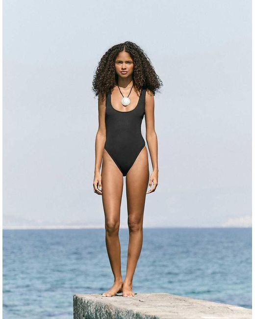 4th & Reckless Black Crinkle Scoop Neck Low Back Swimsuit