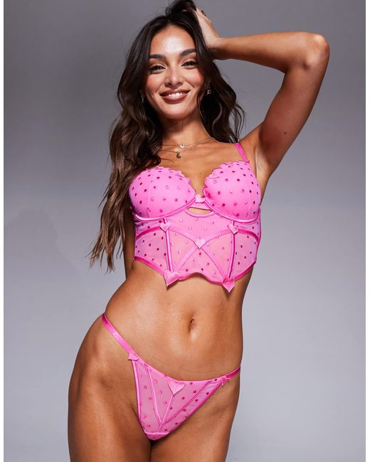 ASOS Pink Roxy Spot Mesh Tanga Thong With Applique Heart Details