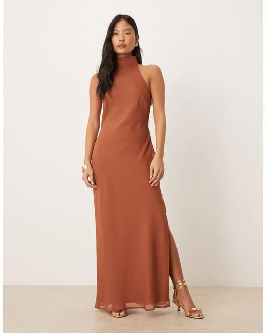 ASOS Asos Design Petite Chiffon High Neck Midi Dress in Brown | Lyst