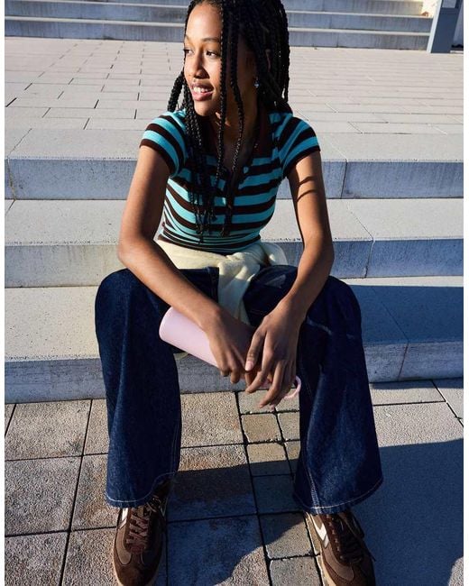 Bershka Blue Short Sleeve Striped Polo Shirt