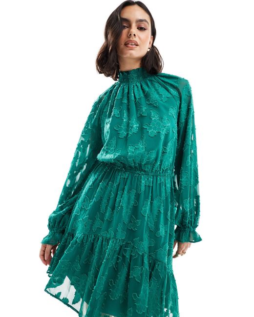 Robe courte en jacquard avec col montant et manches oversize - vert pin ASOS en coloris Green
