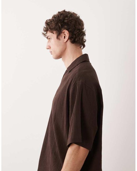 ASOS Brown Co-ord Boxy Oversized Overhead Revere Crinkle Texture Shirt for men