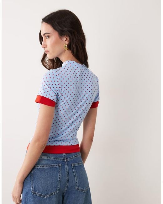 ASOS Blue Short Sleeve Double Layer Polka Dot Top In