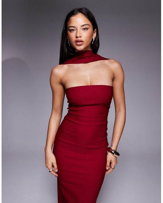 Vesper Red Bengaline Bandeau Choker Detail Back Button Detail Maxi Dress