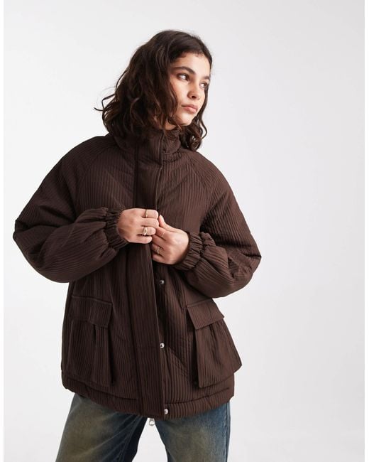 Pieces Brown Plisse Effect Funnel Neck Jacket