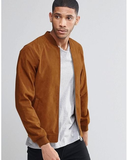 Pull&Bear Brown Faux Suede Bomber Jacket In Tan for men