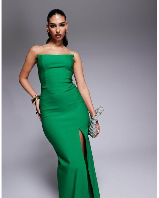 Vesper Midaxi Bandeau-Jurk Van Bengaline Met Vierkante Rand En Zijsplit in het Green