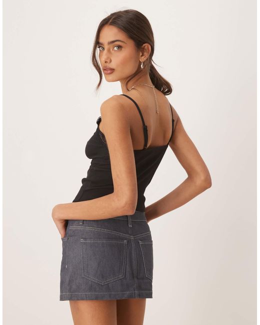 ASOS Black Ribbed Cami Top With Lace And Button Detail