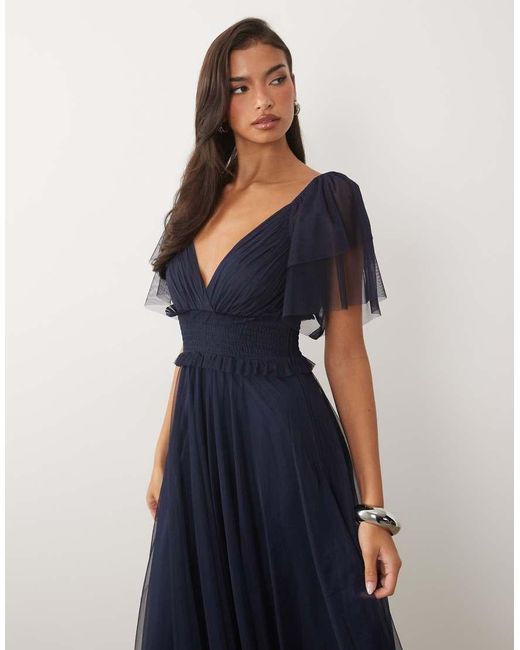 LACE & BEADS Blue Bridesmaid Shirred Waist V Neck Mesh Flutter Sleeve Maxi Dress