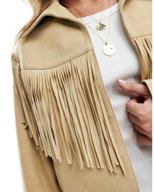 ASOS Natural Real Suede Jacket With Fringe