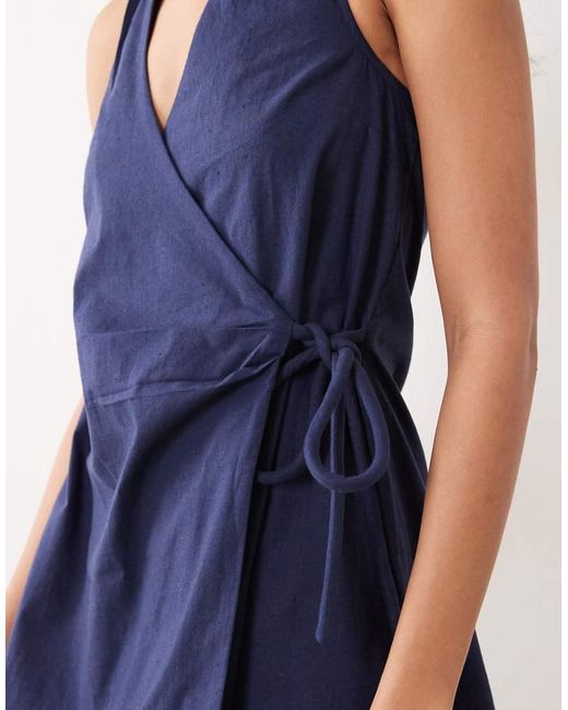 ASOS Blue Cotton Linen Halter Neck Wrap Mini Sundress