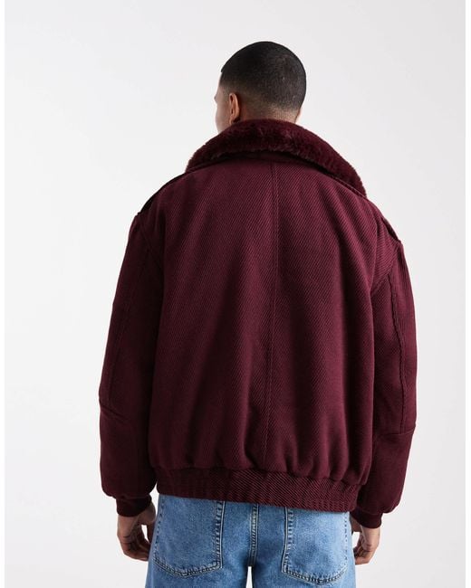ASOS Red Wool Look Bomber Jacket With Faux Fur Collar for men