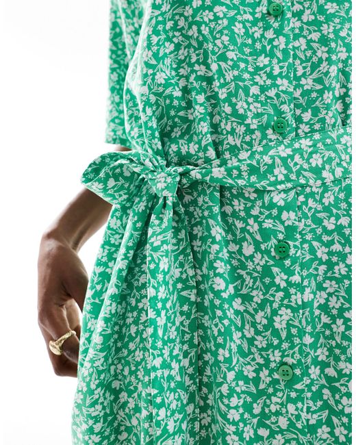 Monki Green Tie Waist Midi Shirt Dress