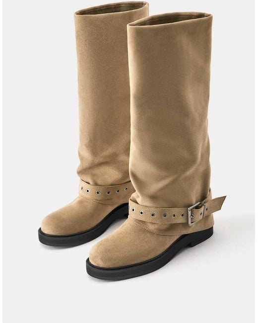 Pull&Bear Natural Flat Footed Leggings Boots With Buckle