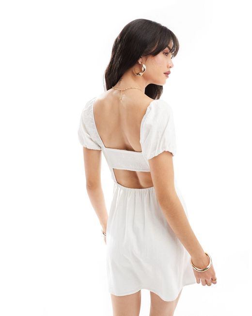 Hollister White Short Sleeve Linen Blend A-line Mini Dress With Sweetheart Neckline