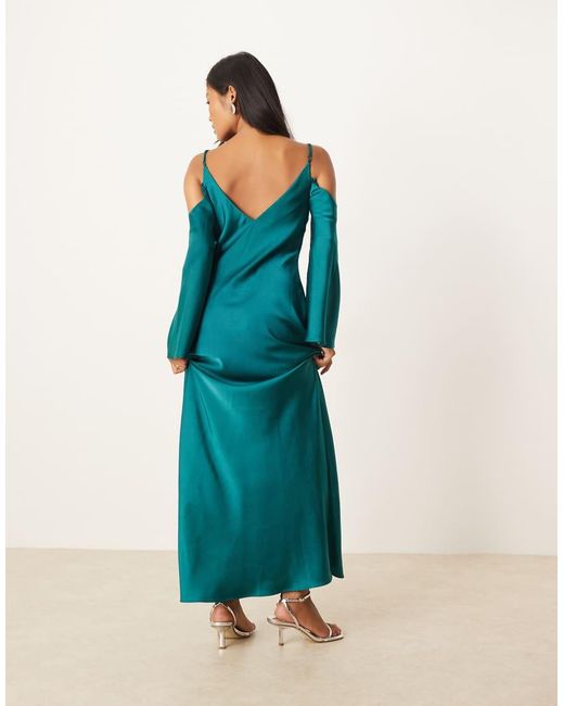 ASOS Blue Asos Design Petite Satin Long Sleeve Fallen Shoulder Cami Maxi Dress