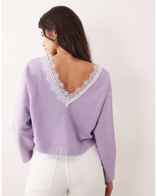 Miss Selfridge Purple Brushed Rib V-Neck Top With Lace