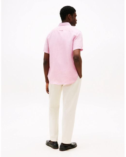 Tommy Hilfiger – kurzärmliges hemd aus leinen in Pink für Herren