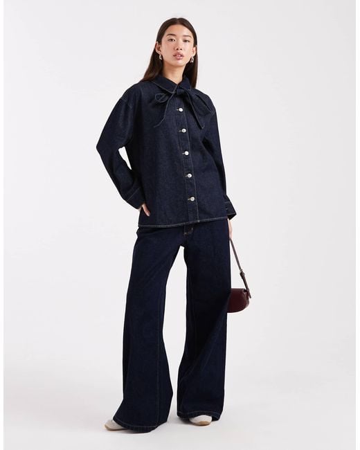 ASOS Women's Blue Denim Shirt With Bow Tie Neck