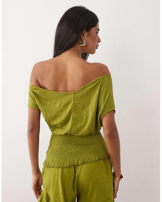 ASOS Green Mix & Match Crinkle Shirred Off Shoulder Top