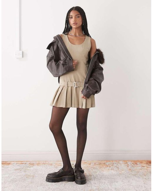The Ragged Priest Natural Pinstripe Drop Waist Pleated Mini Dress