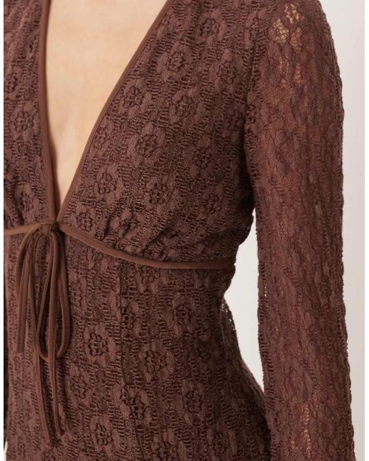 ASOS Brown Lace Long Sleeve Plunge Tie Front Mini Dress