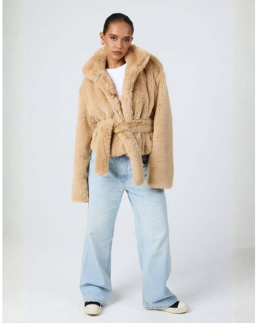 Aria Cove Gray Faux Fur Funnel Neck Belted Jacket